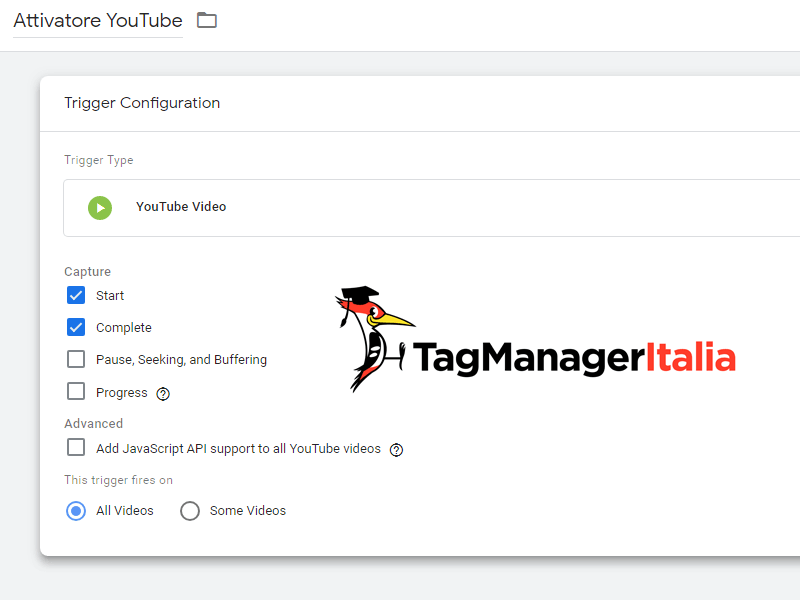 attivatore video youtube google tag manager