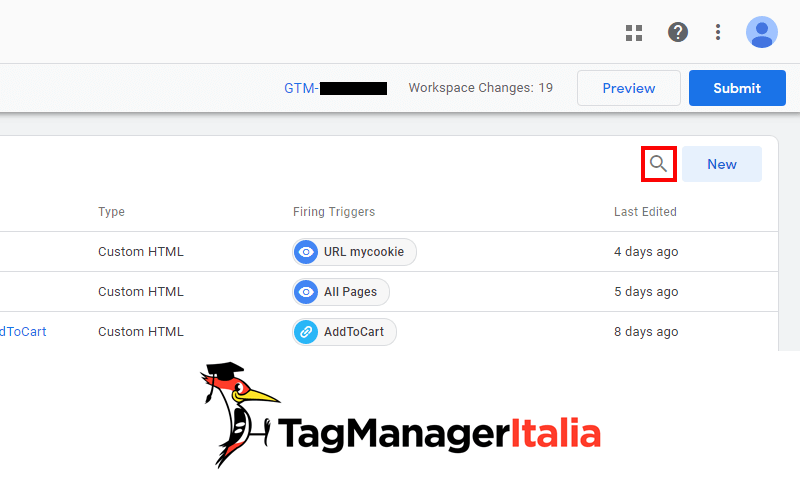 barra ricerca google tag manager