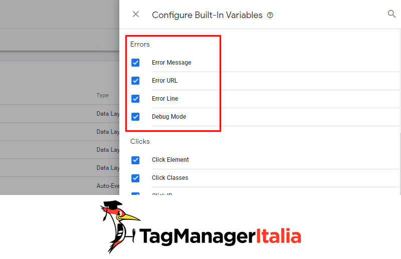 configurare variabili errore google tag manager