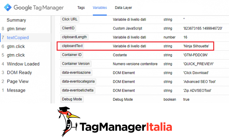 dettagli variabile clipboardtext tracciare copia testo google tag manager