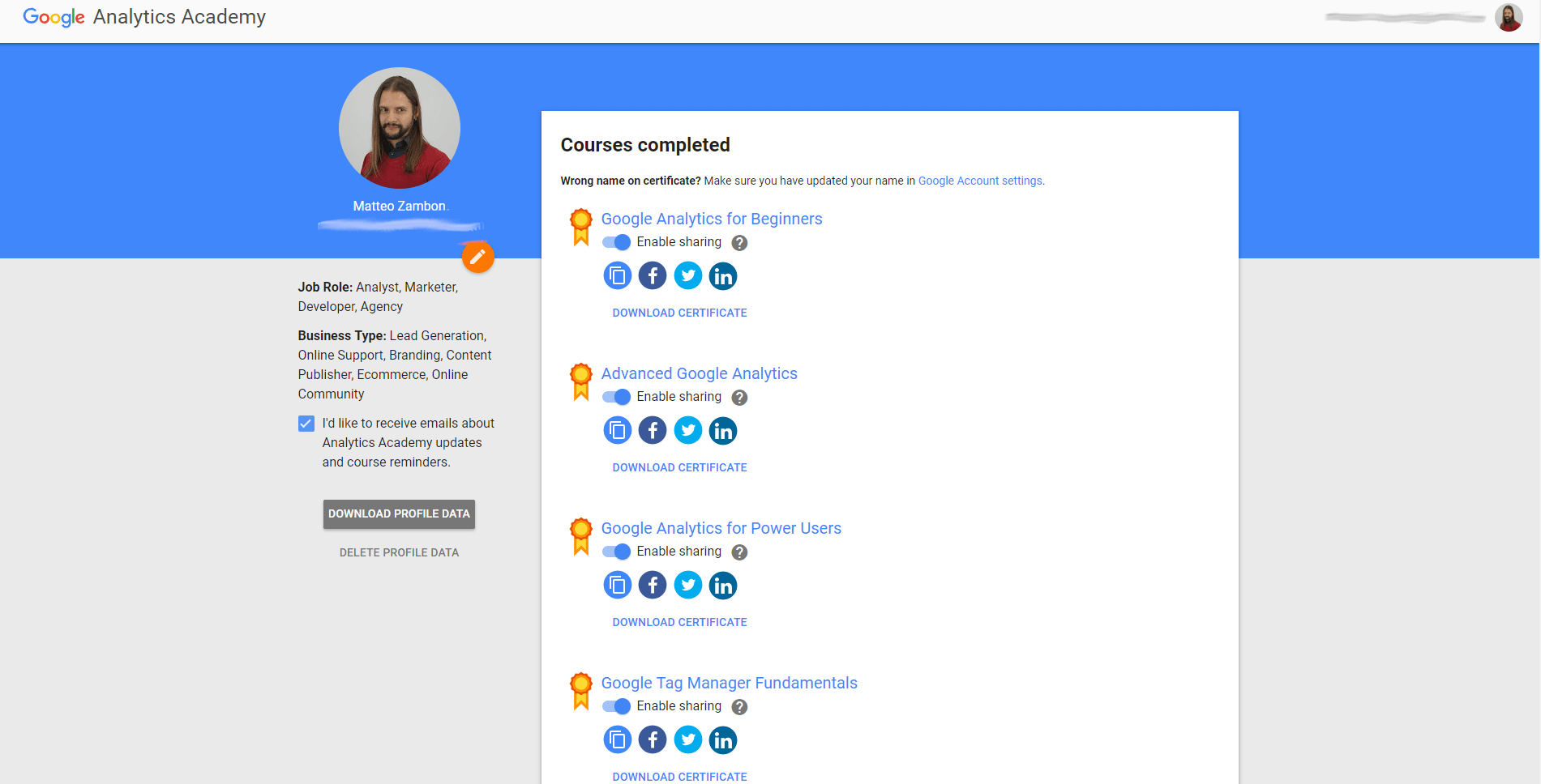 matteo zambon certificazione google tag manager su google analytics academy