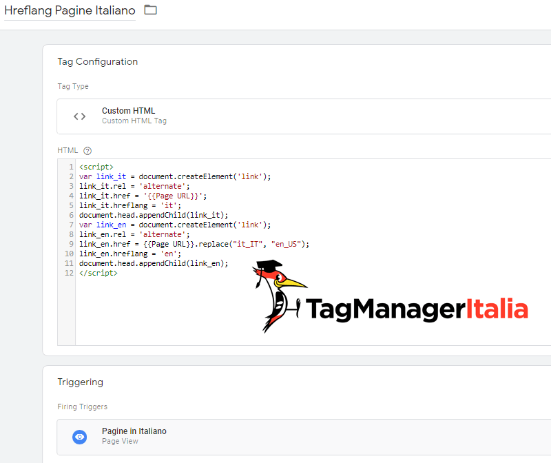 tag aggiungere hreflang italiano google tag manager