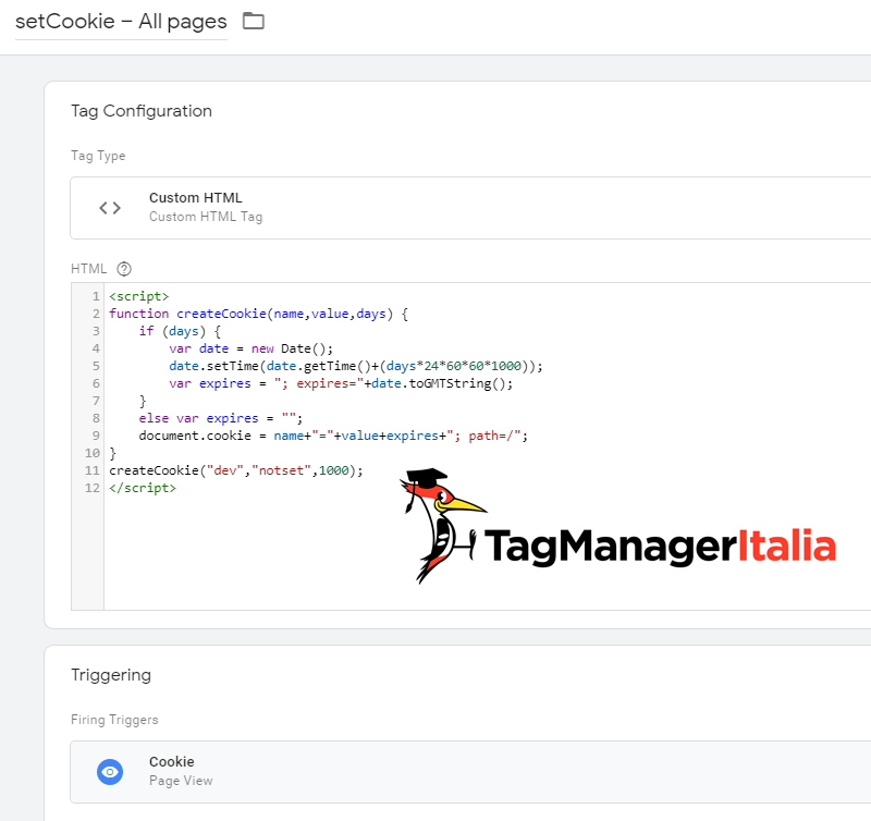 tag creazione cookie google tag manager