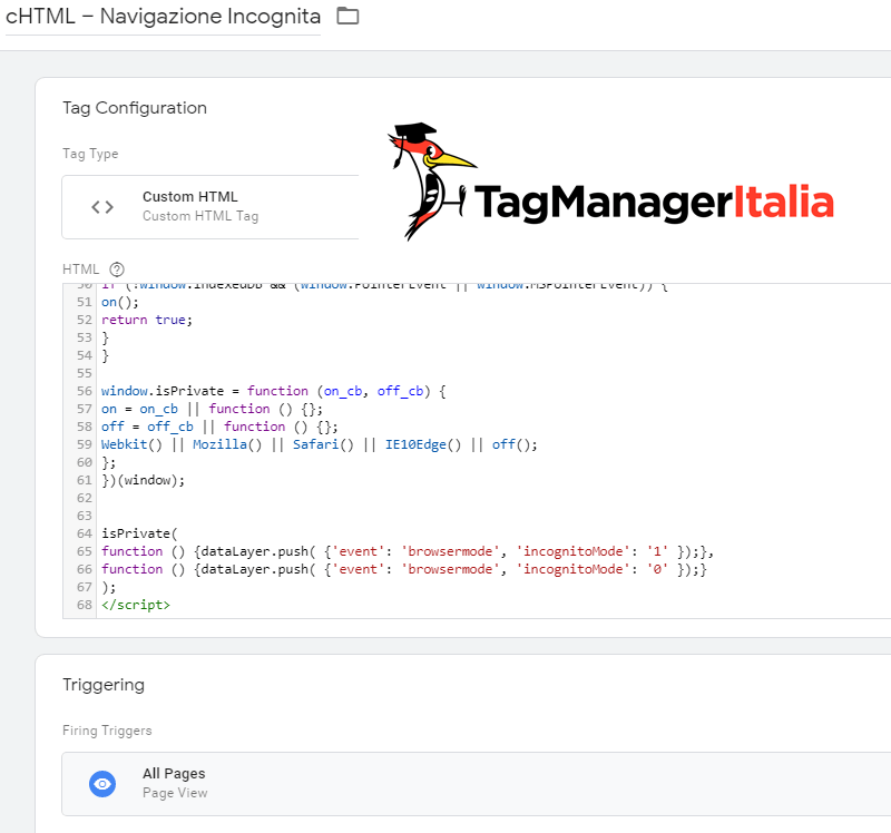 tag html modalità incognita google tag manager