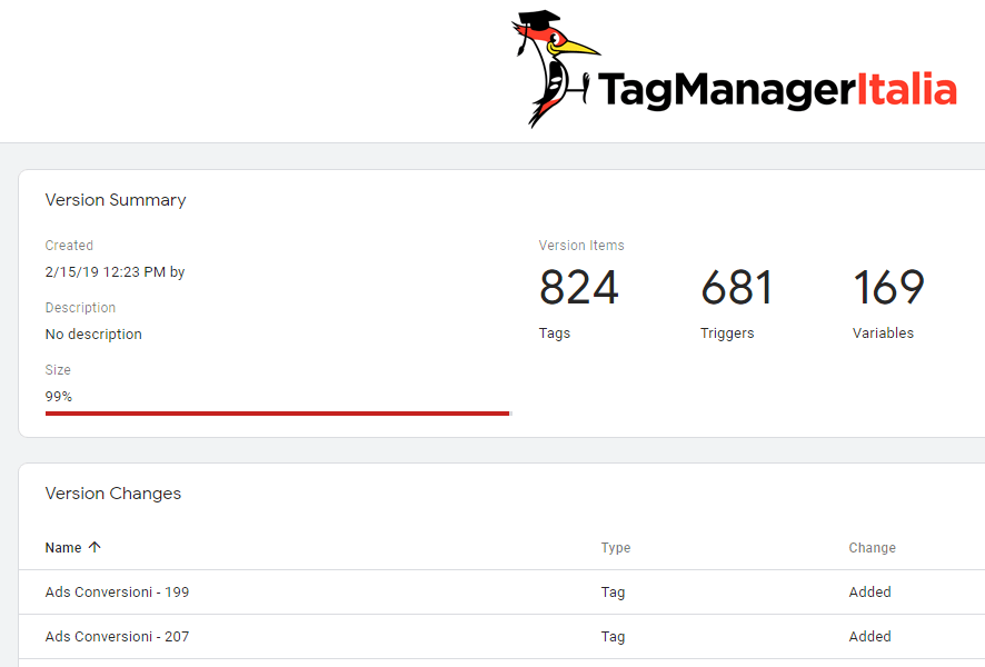 tag manager container version size summary