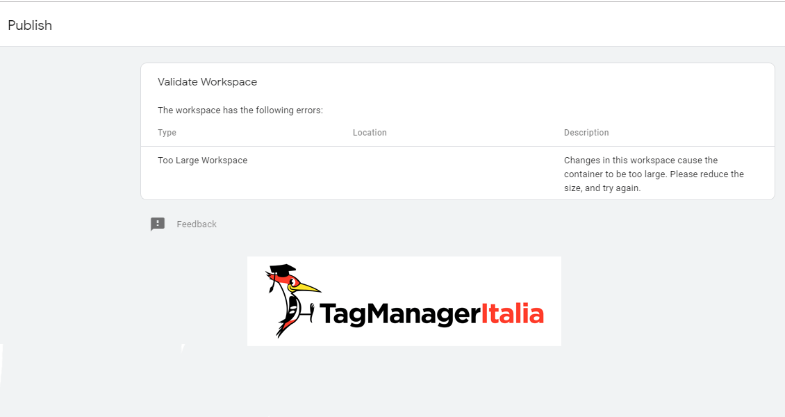 tag manager error publish limit size