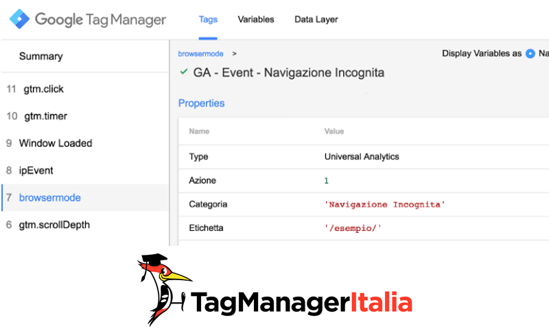 verifica valore tag modalità provata google tag manager