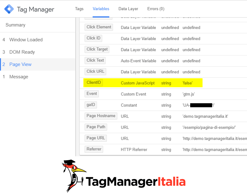 step2 debug pageview variabile client id google tag manager