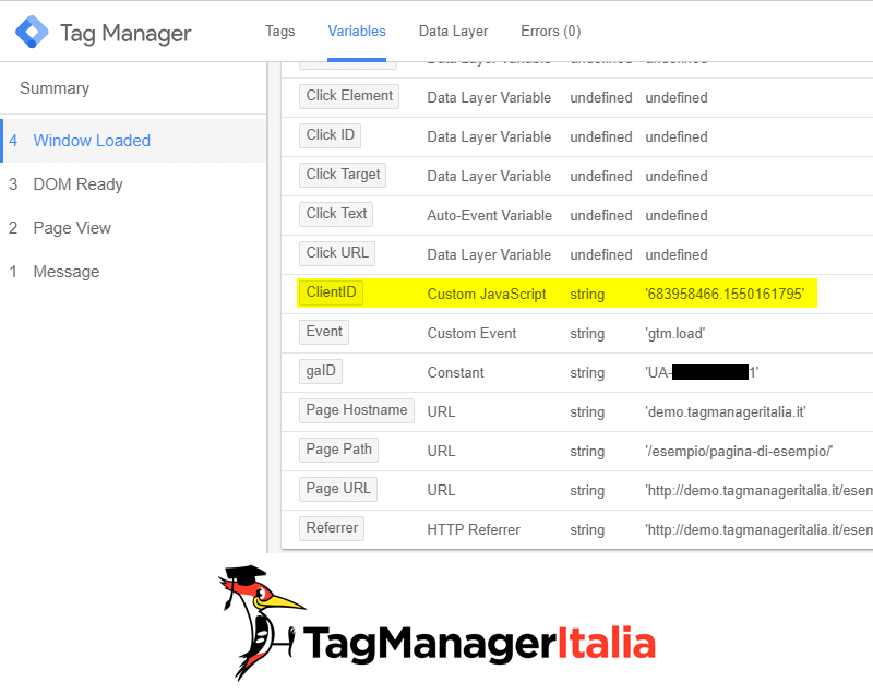 step2 debug window load variabile client id google tag manager