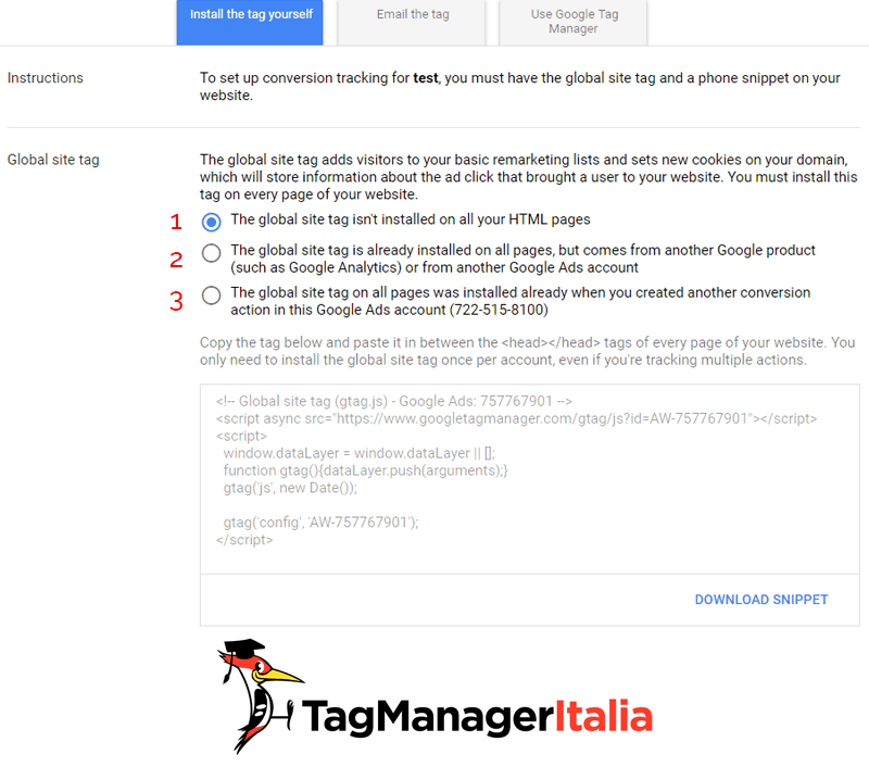 global site tag di conversione telefonica a chiamata google ads con Google Tag Manager