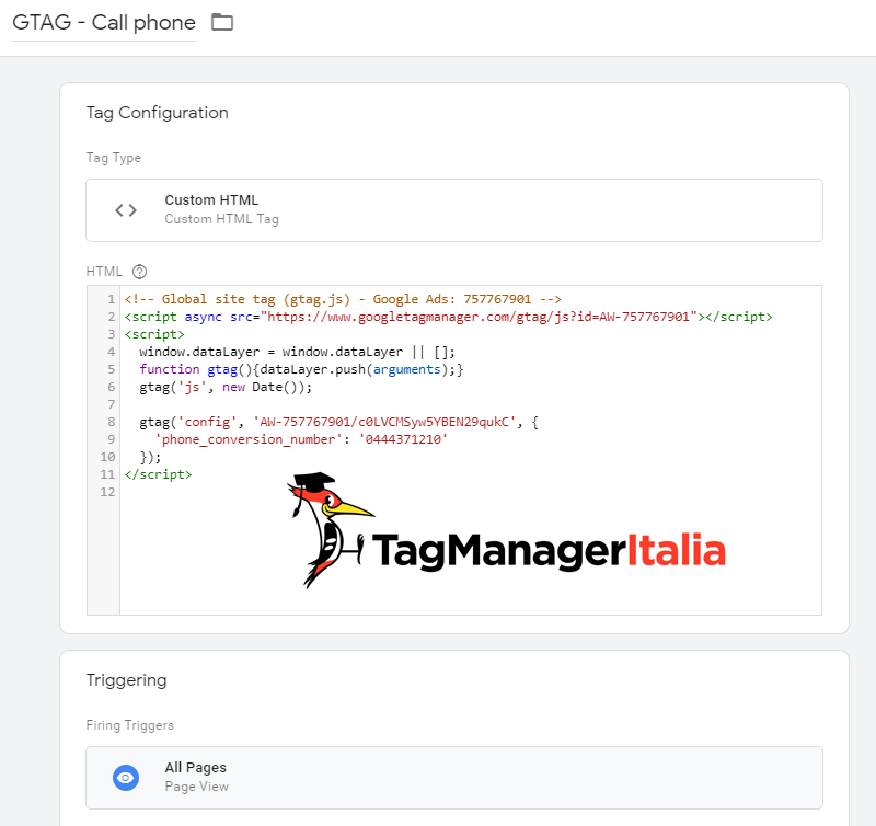 global tag snippet chiamata telefonica su tag html personalizzato google tag manager