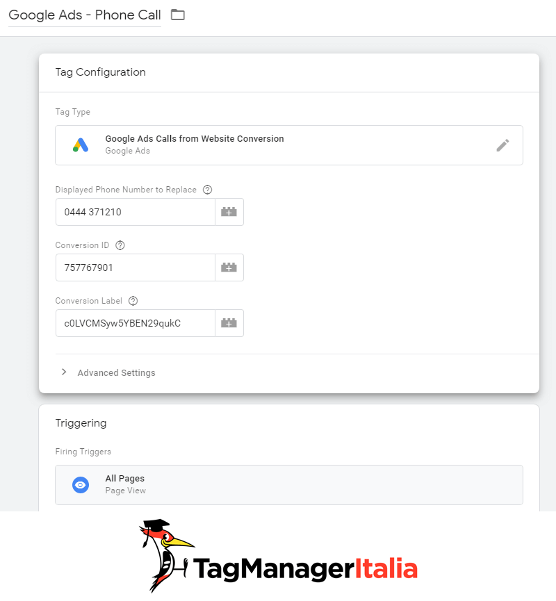 google ads tag conversione chiamate dal sito