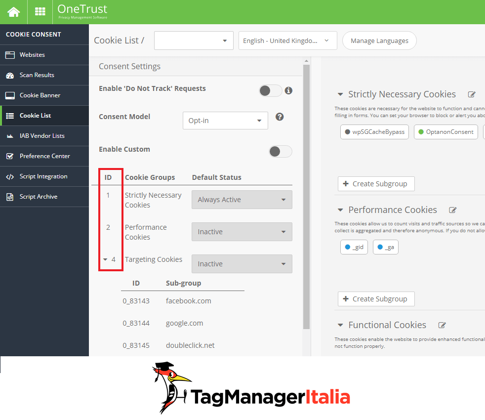 OneTrust Cookie categories with Id