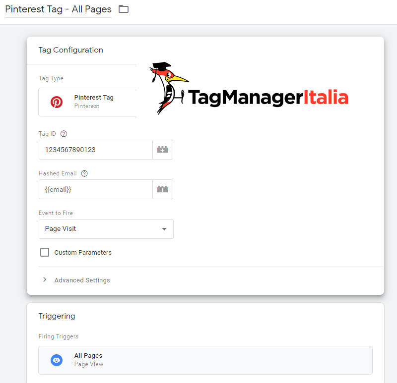 gtm configurazione pinterest tag