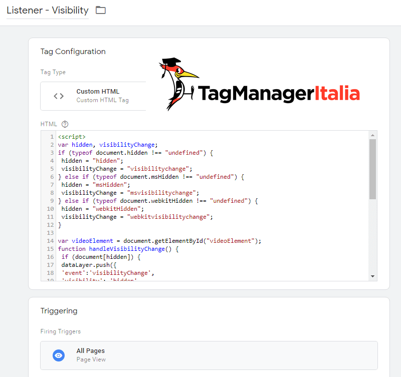 tag html personalizzato listener visibility google tag manager
