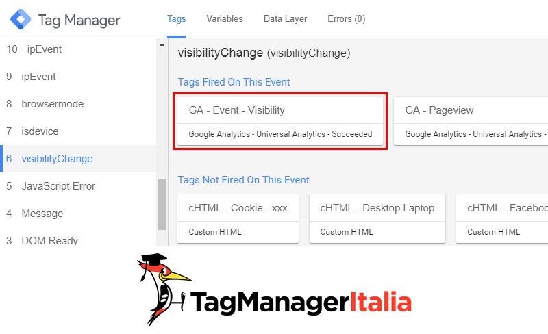 verifica installazione ga event vibilità google tag manager
