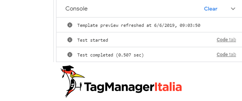 gtm template editor debug console per test