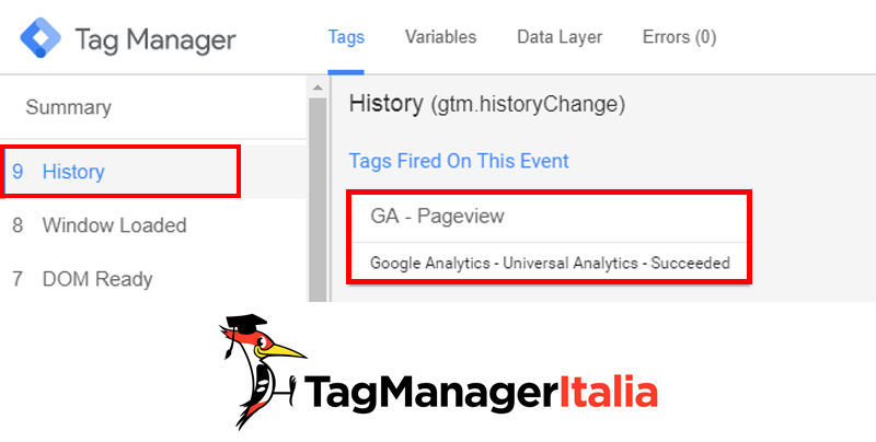 tag manager history event tracking pagine spa