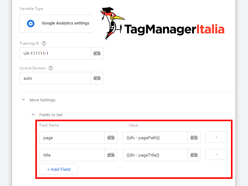 variabile impostazione analytics dlv page path title