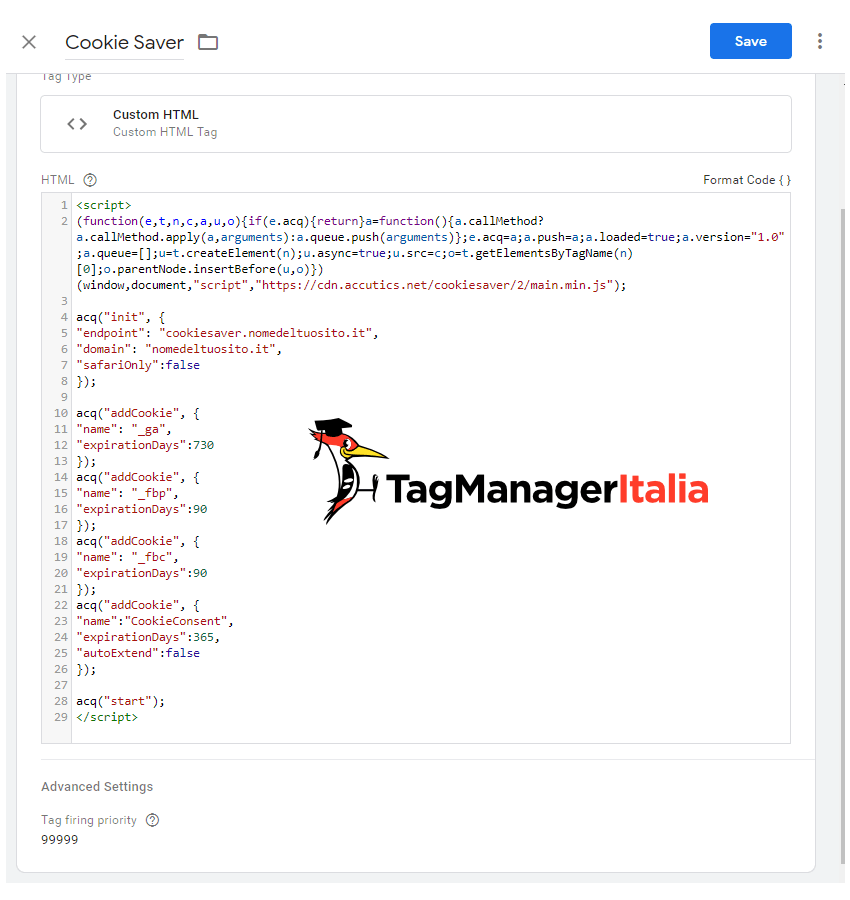 step 6 create custom tag HTML for Cookie Saver