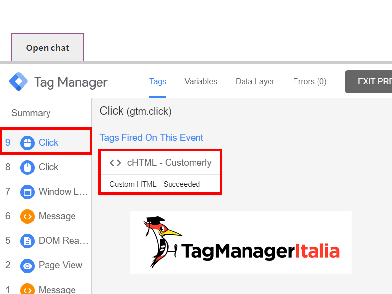 ckick button customerly console debug google tag manager