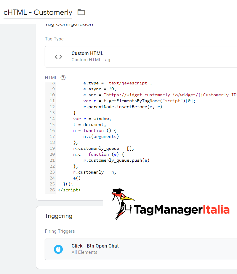 custom html customerly installation on click tag manager