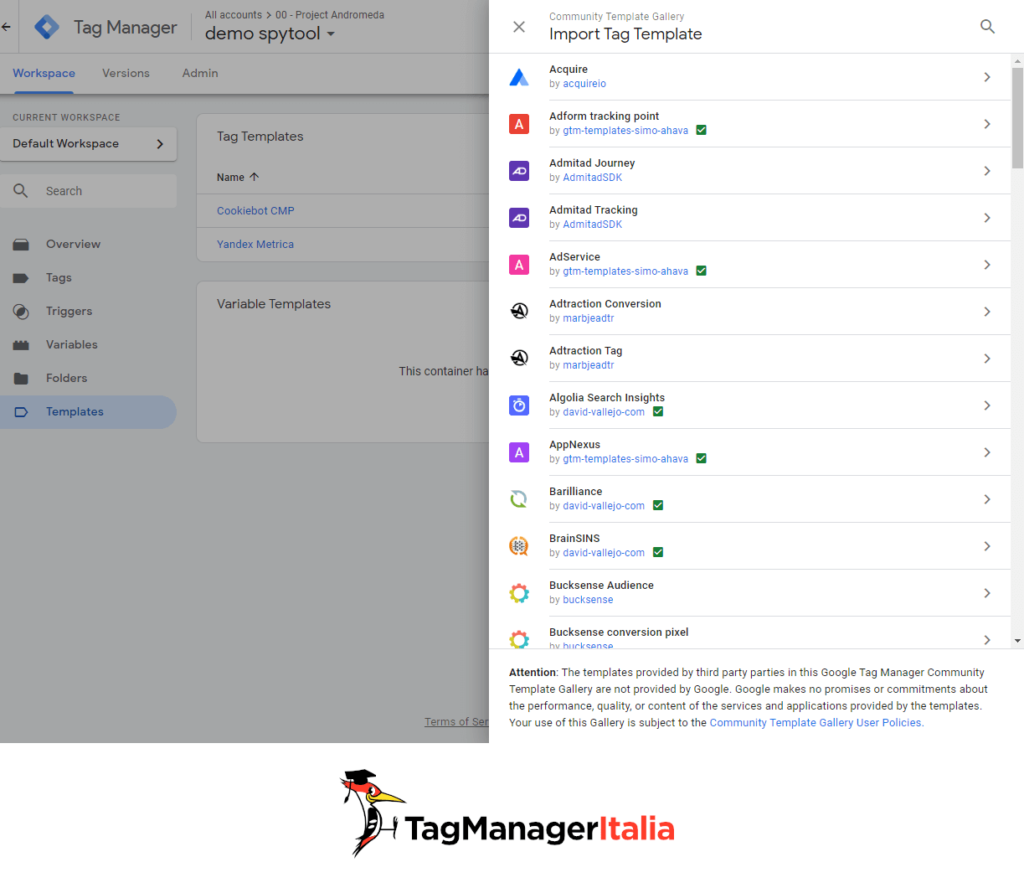 community template galler import tag template in GTM