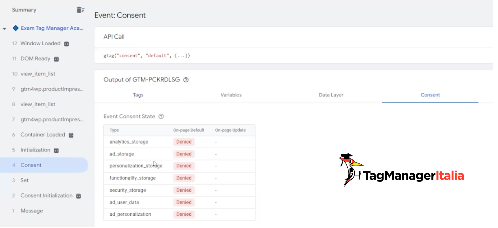 Debug Google Tag Manager verifica stato consensi Consent Mode v2 negati