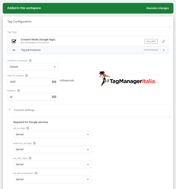 Finestra gestione Consent Mode v2 tramite Tag HTML personalizzato in Google Tag Manager