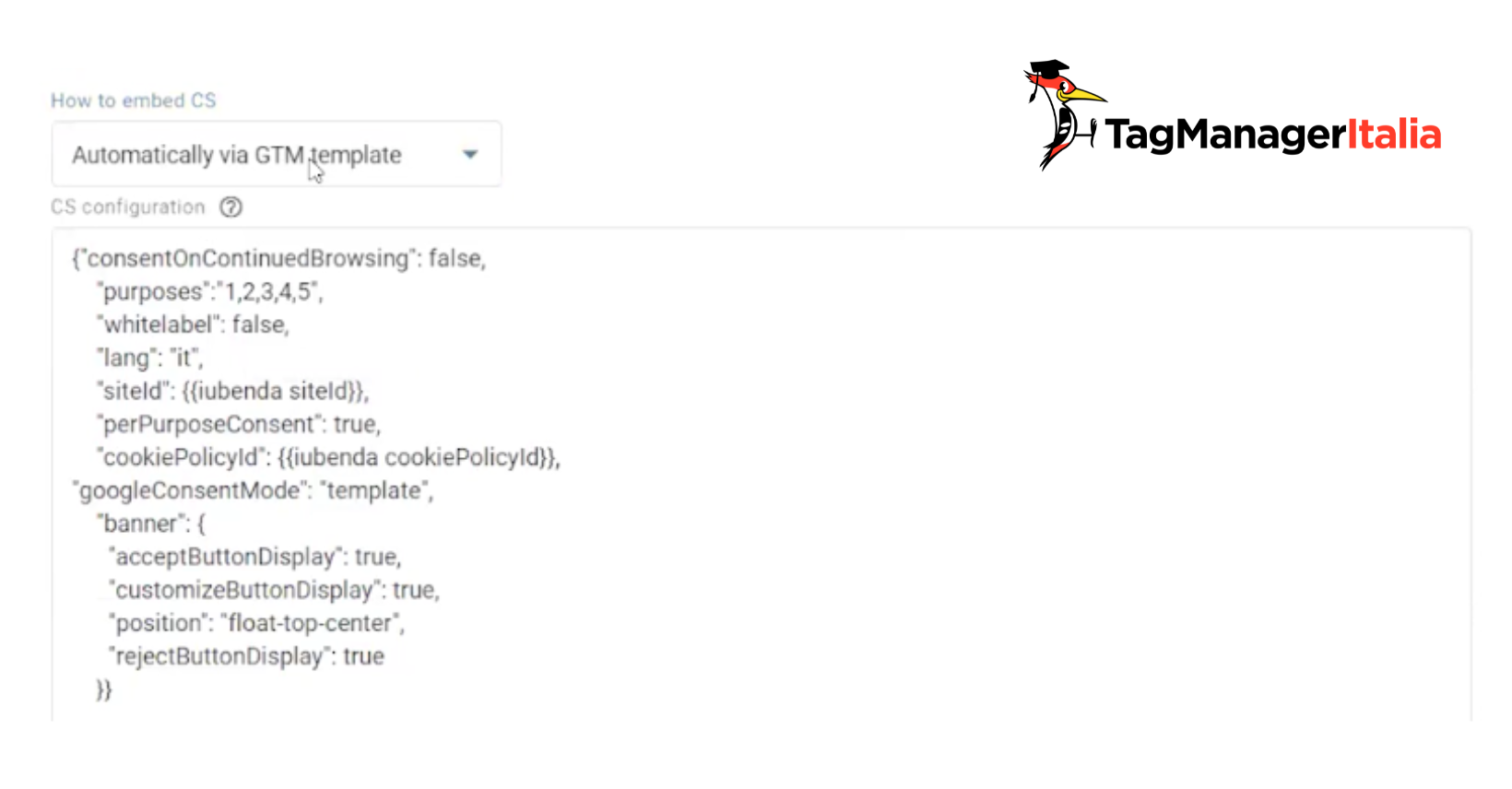 Pubblicazione codice configurazione tag Iubenda gestione Consent Mode v2