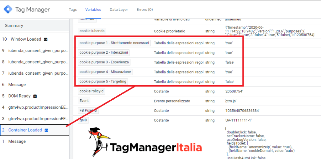 Step 6 - debug delle cinque variabili dei consensi per categoria di iubenda con Google Tag Manager