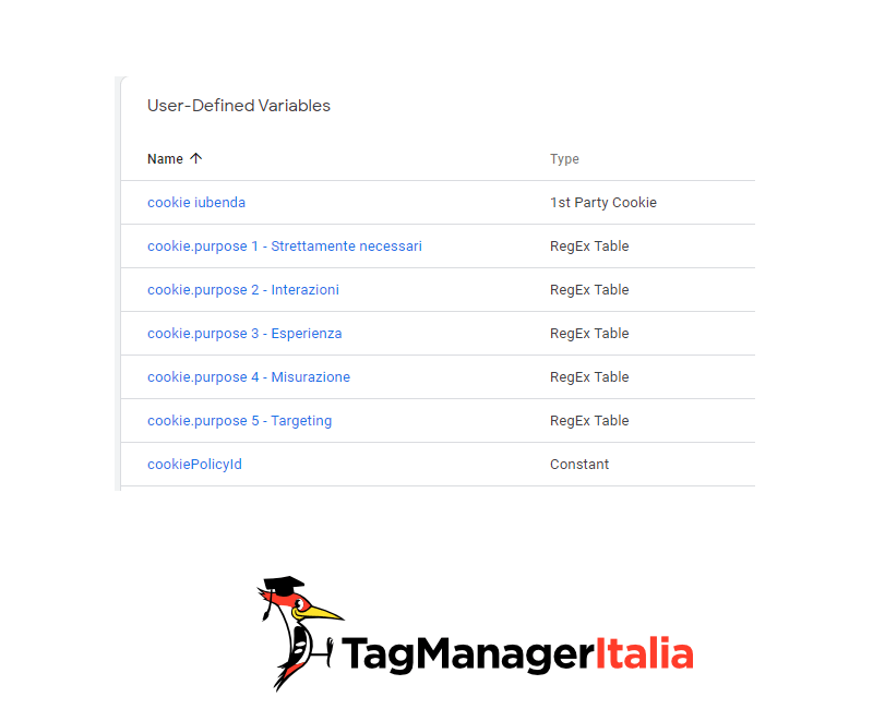 Step 6 - le cinque variabili dei consensi per categoria di iubenda con Google Tag Manager