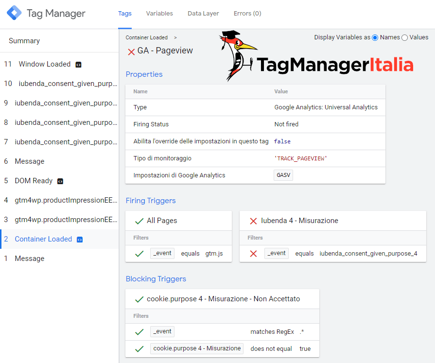 debug verifica google analytics con iubenda e consensi di categoria con google tag manager