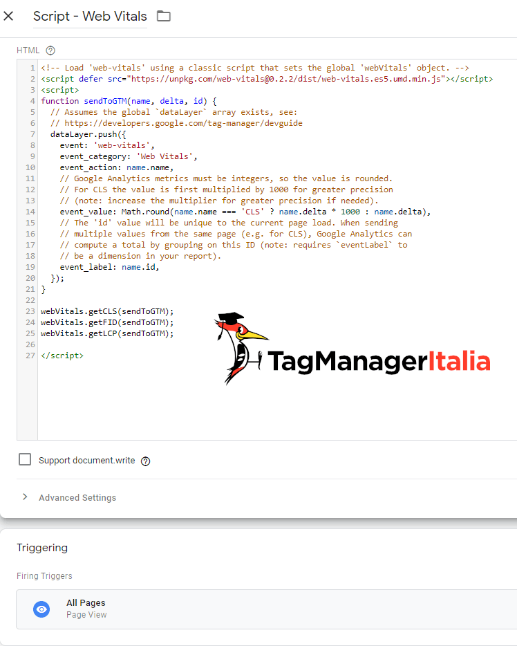 web vitalis script custom HTML Google Tag Manager