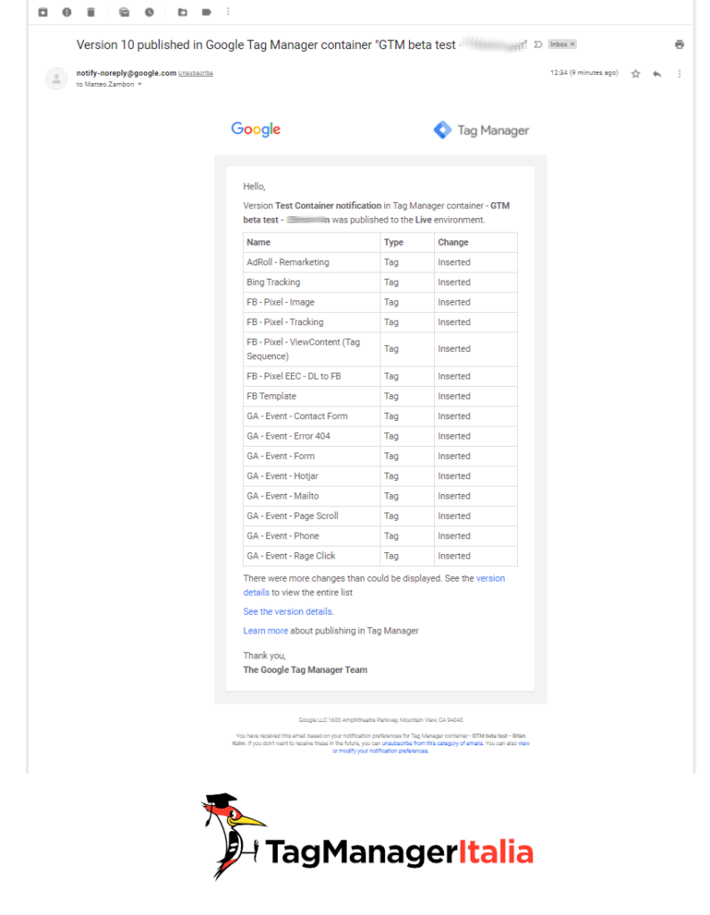 email container notification google tag manager