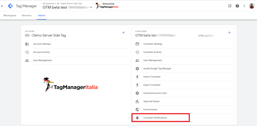 google tag manager container notification