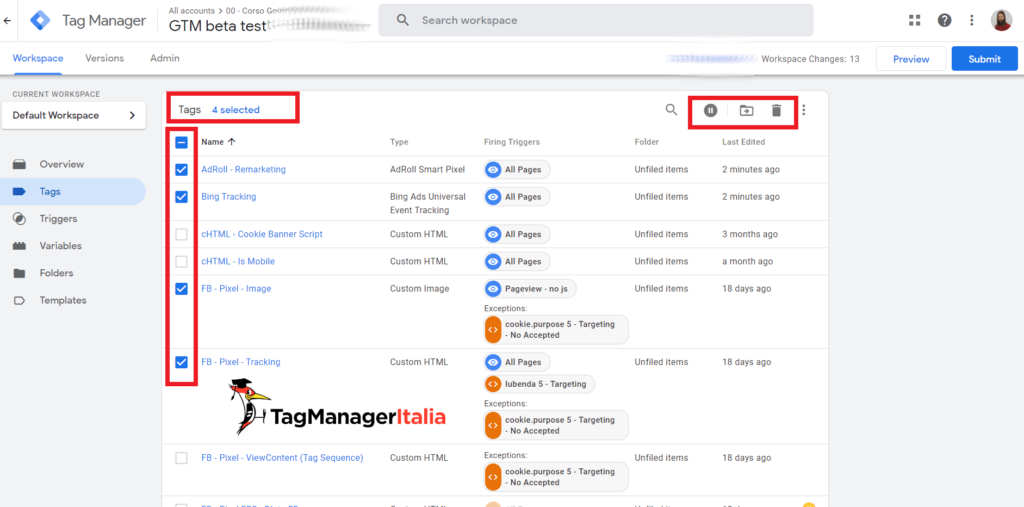 bulk actions google tag manager checkbox