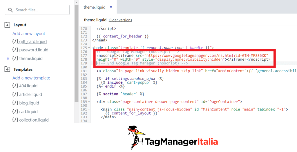 Edit theme liquid body Google Tag Manager