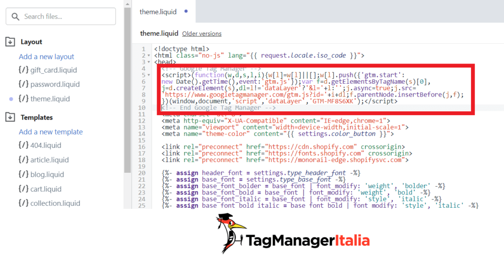 Edit theme liquid head Google Tag Manager
