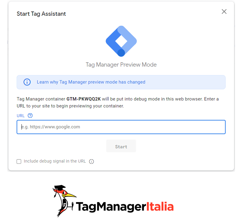 Schermata Tag Assistant e Debug Mode di Google Tag Manager