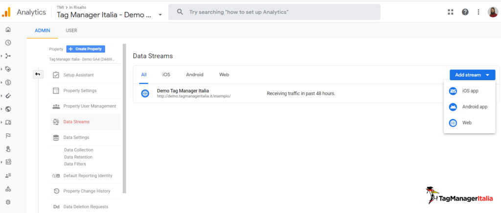 create new data stream in Google Analytics 4