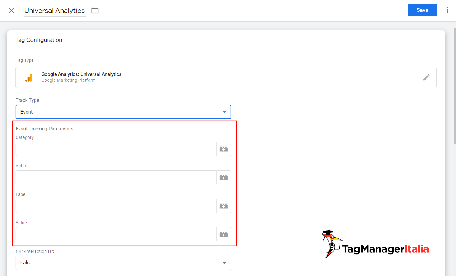 Fields to compile when creating a new event type Tag in Universal Analytics