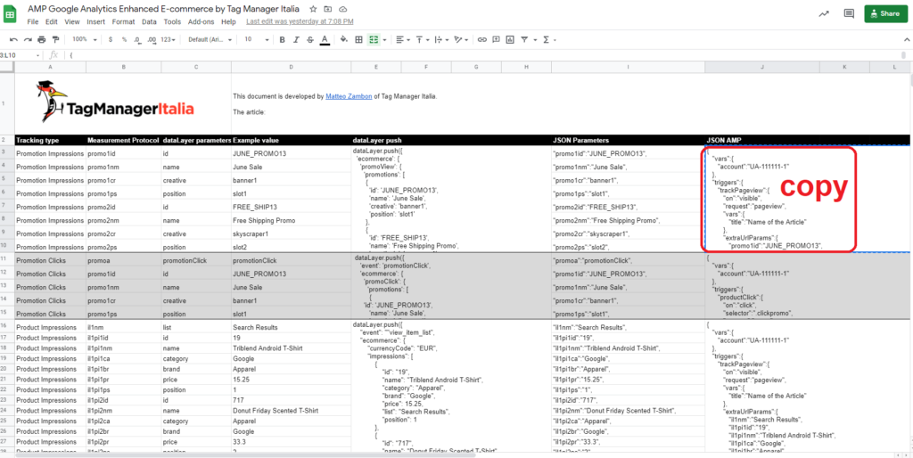 Google Sheet AMP Google Analytics Enhanced E-commerce by Tag Manager Italia - promotion impressions