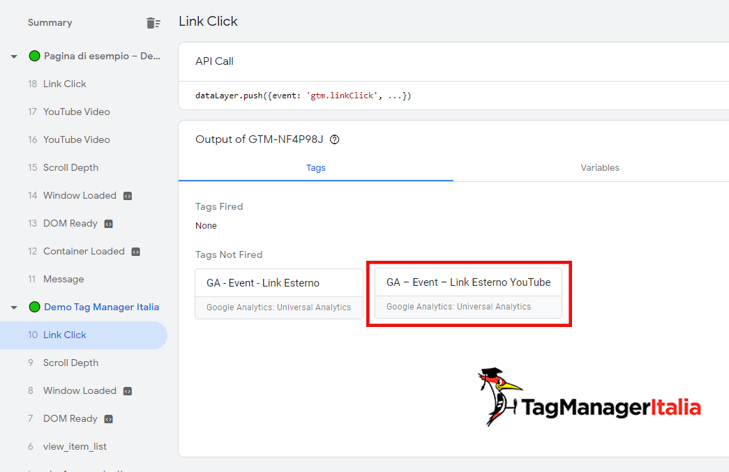 anteprima click link youtube google tag manager debug not fired