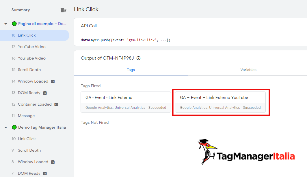 anteprima click link youtube google tag manager debug fired