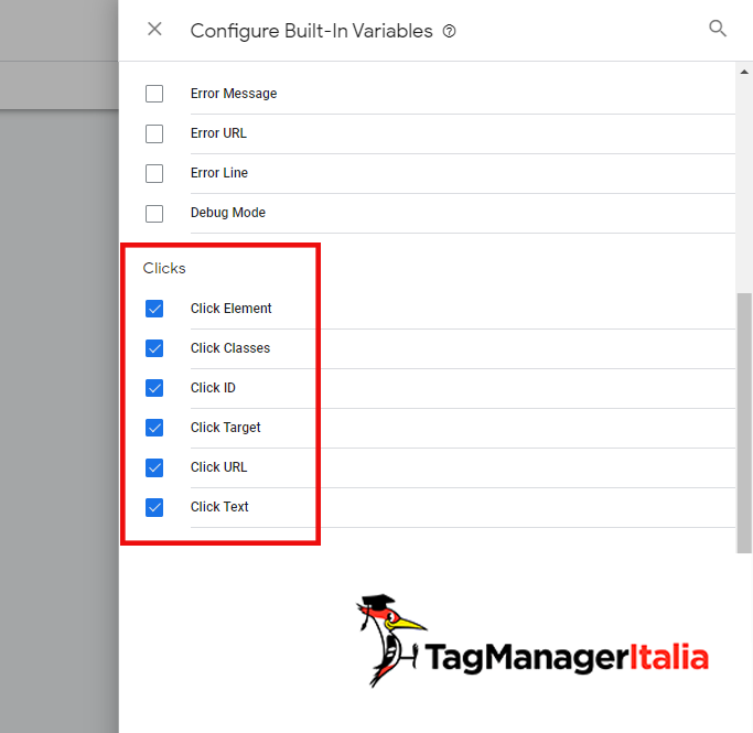 configurazione variabili click google tag manager