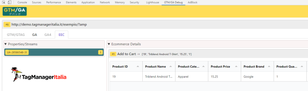 debug add to cart AMP enhanced ecommerce google analytics with GTM-GA EEC