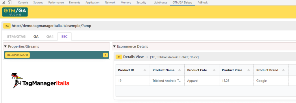 debug product details AMP enhanced ecommerce google analytics with GTM-GA EEC