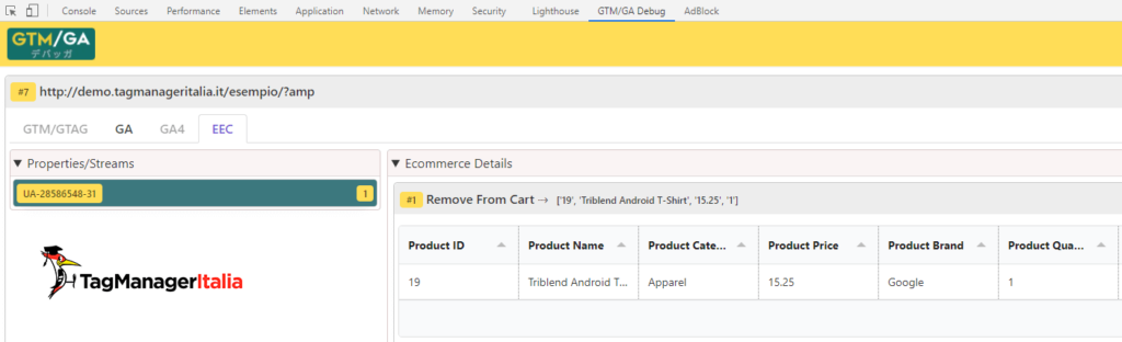 debug remove from cart AMP enhanced ecommerce google analytics with GTM-GA EEC