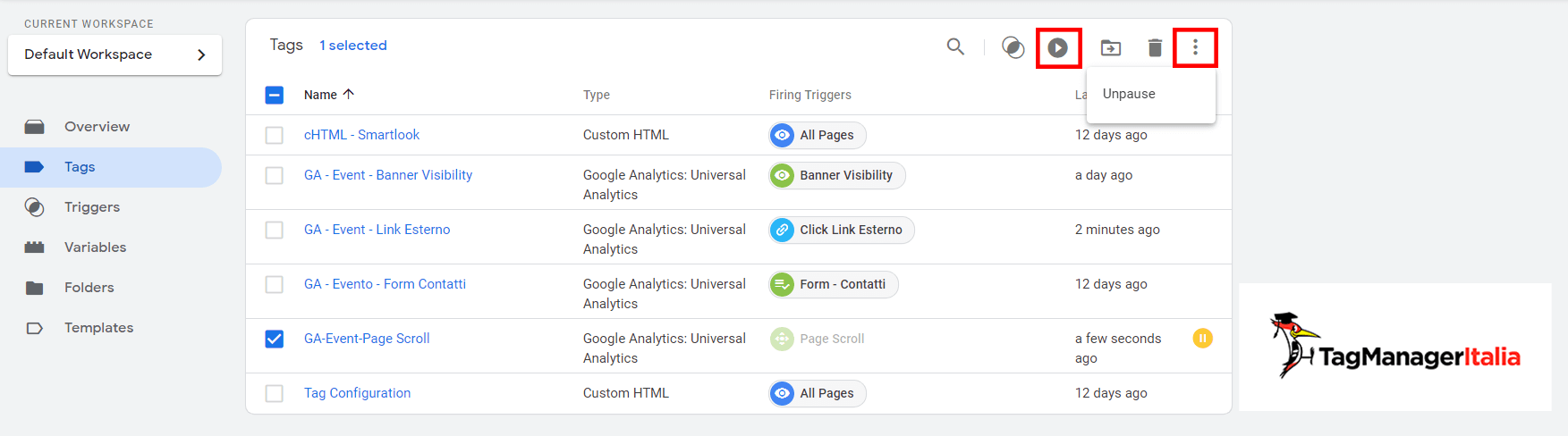 riattivare tag google tag manager